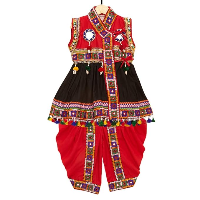 Banjara By Hopscotch Boys 100% Cotton India Embroidered Kedia in Black Color