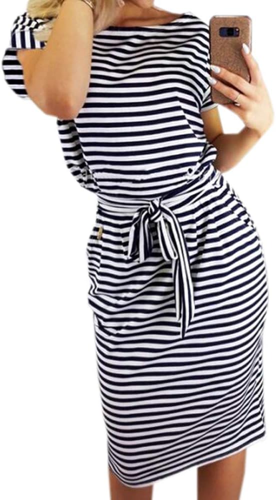 Women's Striped Elegant Short Sleeve Wear to Work Casual Pencil Dress with Belt