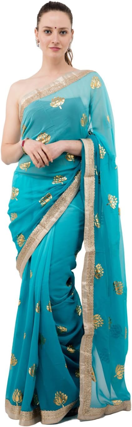 Naira Couture™ Georgette Firozi Flower Foil Printed Saree For Women