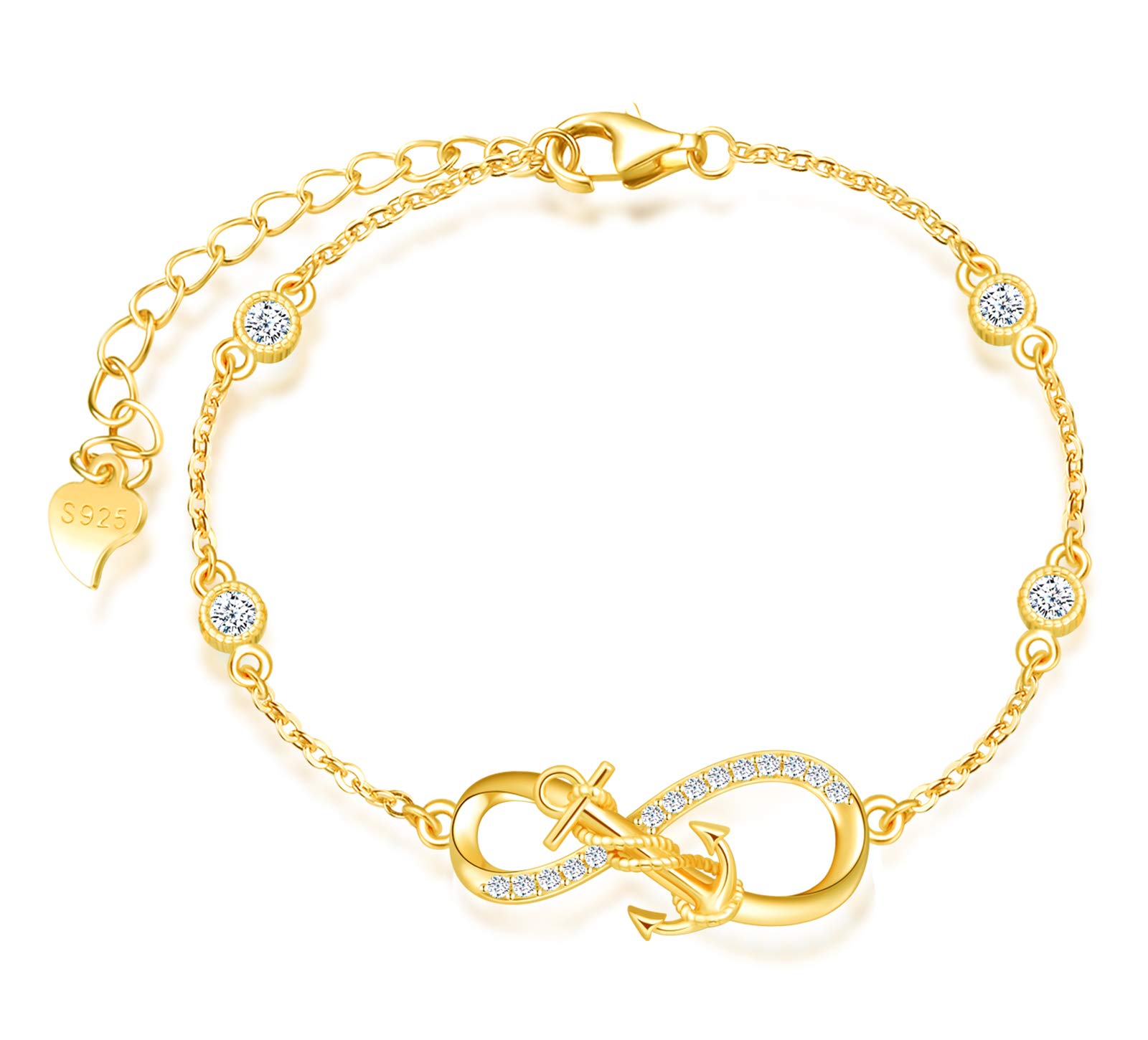 INFINIONLY Women's Girl's 925 sterling silver Bracelet, Anchor and infinity symbol bracelet, Inlaid zircon, gold, Christmas Valentine's Day and Birthday gift