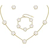 Gold Necklaces Bracelets Earring Set - 18K Gold Plated Flower Bracelet Chain,Stainless Steel Non Tarnish Floral Pendant Stud Jewelry Sets,Christmas Birthday Lucky Gift for Mom Wife Daughter Girlfriend