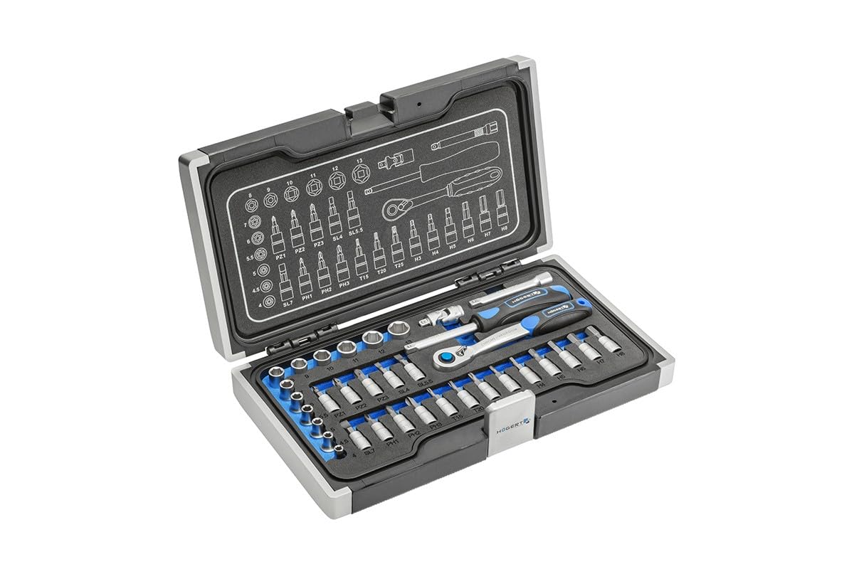 Högert Technik - 34-piece Tool Set Tool case Cr-V Socket Wrench Bits and Accessories 1/4”, Drop-Forged Ratchet Mechanism with 72 pawls Set for DIY Enthusiasts Garage, Household