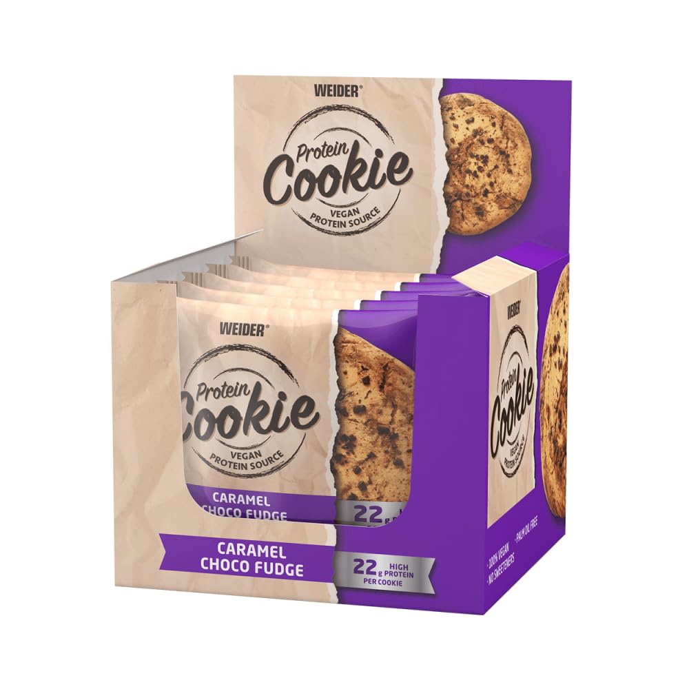 Weider Vegan Protein Cookie, Caramel Choco Fudge, Delicious on the go snack, 12 pack