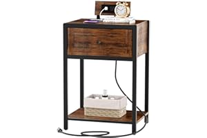 SZLHANJZ End Table with Charging Station, Nightstand with Drawer, Small Side Table for Small Spaces, Bed Side Table with Storage Shelf for Living Room Bedroom Office, Rustic