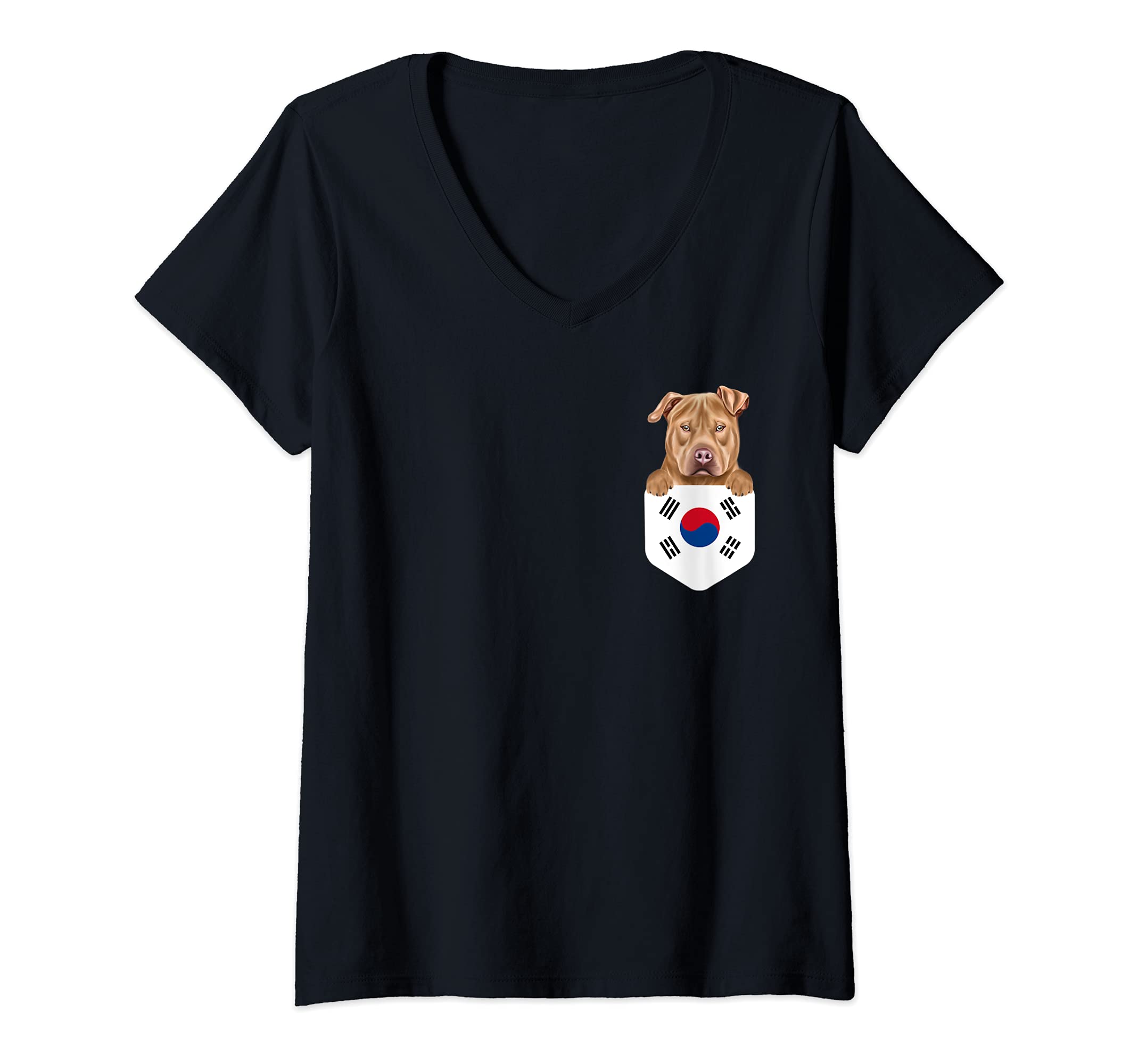 Womens South Korea Flag Usa Staffordshire Terrier Dog In Pocket V-Neck T-Shirt