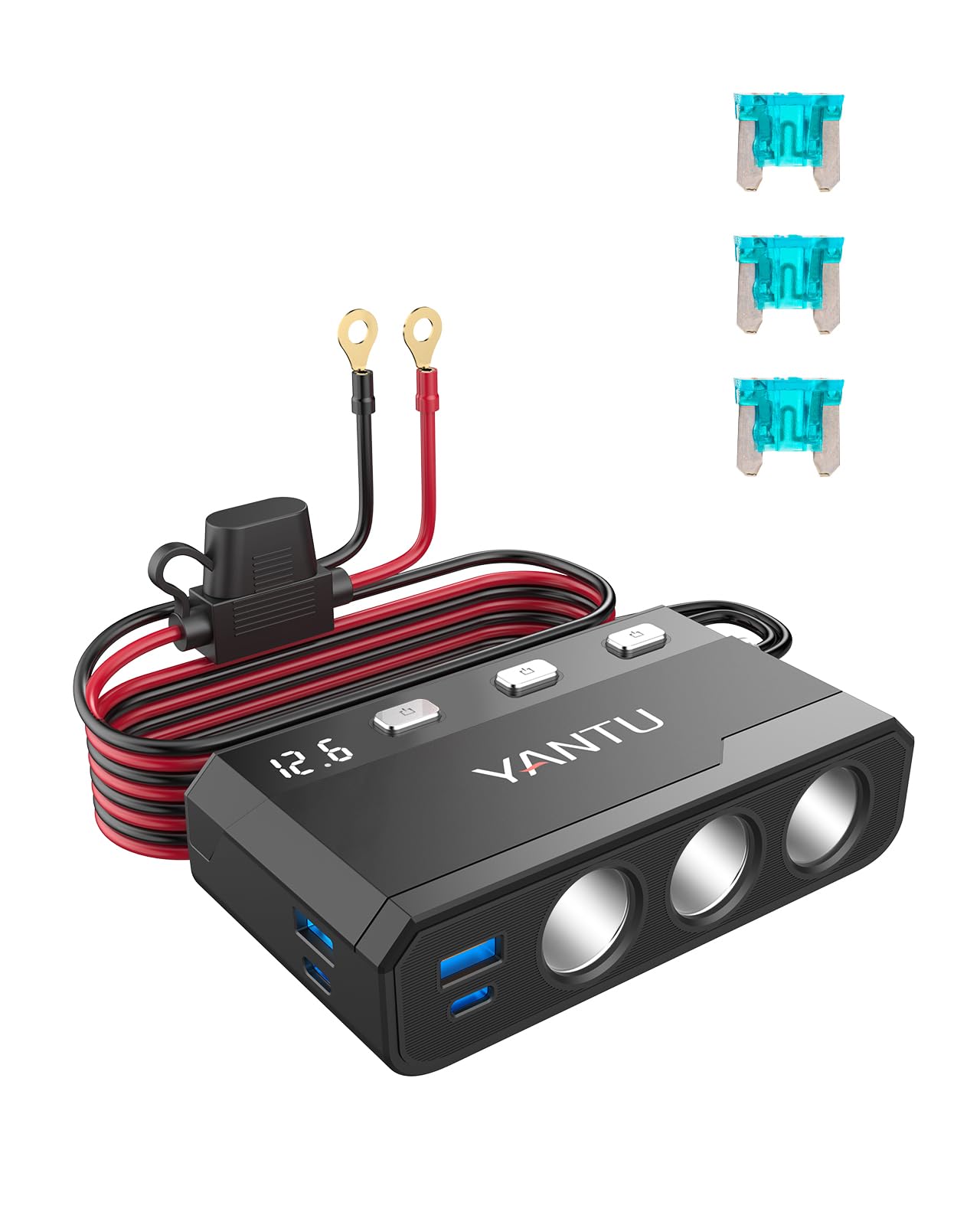 Photo 1 of YANTU 270W Cigarette Lighter Adapter Splitter,QC3.0 & PD 150W Cigarette Lighter Socket with 12v USB Outlet/Plug and Outlet Eyelet Terminal,Double/Dual car USB Charger Multi Port with Switches