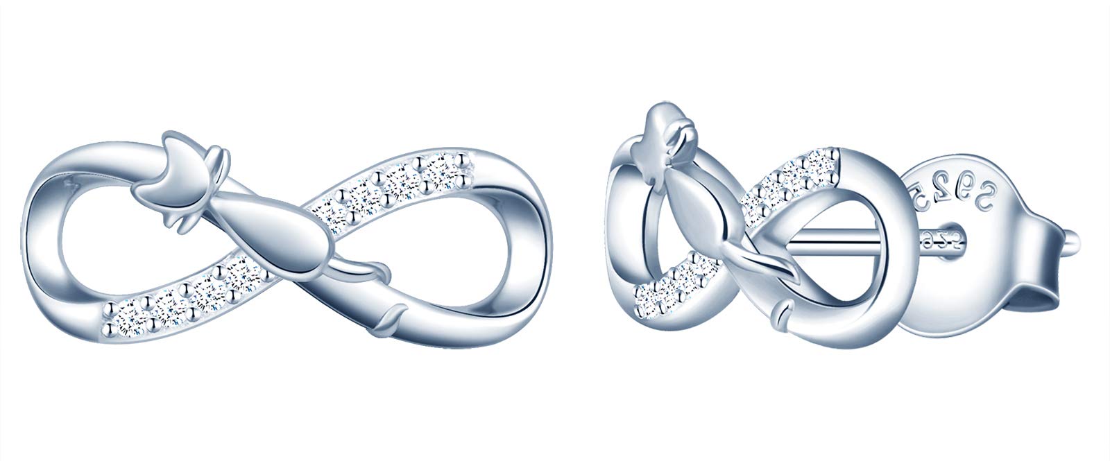 MicLee Woman's girl's Earrings, 925 Sterling silver earrings, Mini Cat and infinity symbol earrings studs, Inlaid zircon, silver