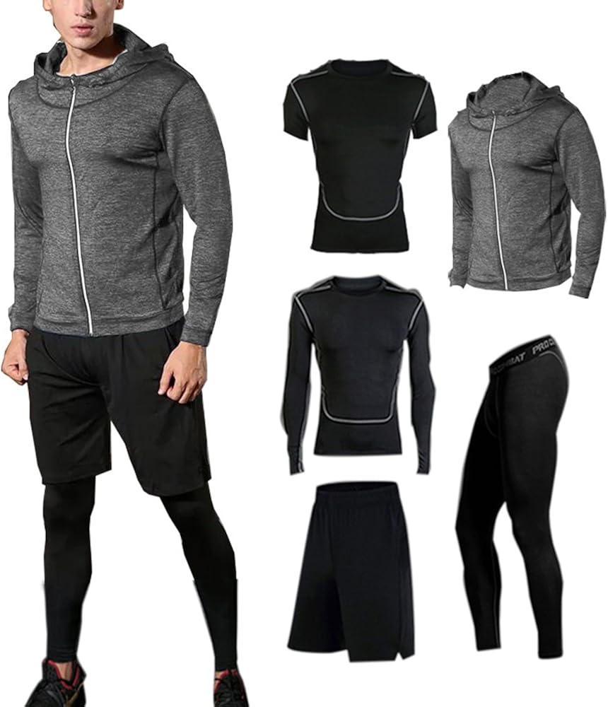 BUYJYA 5Pcs Men's Compression Pants Shirt Top Long Sleeve Jacket Set Suit at  Men’s Clothing store