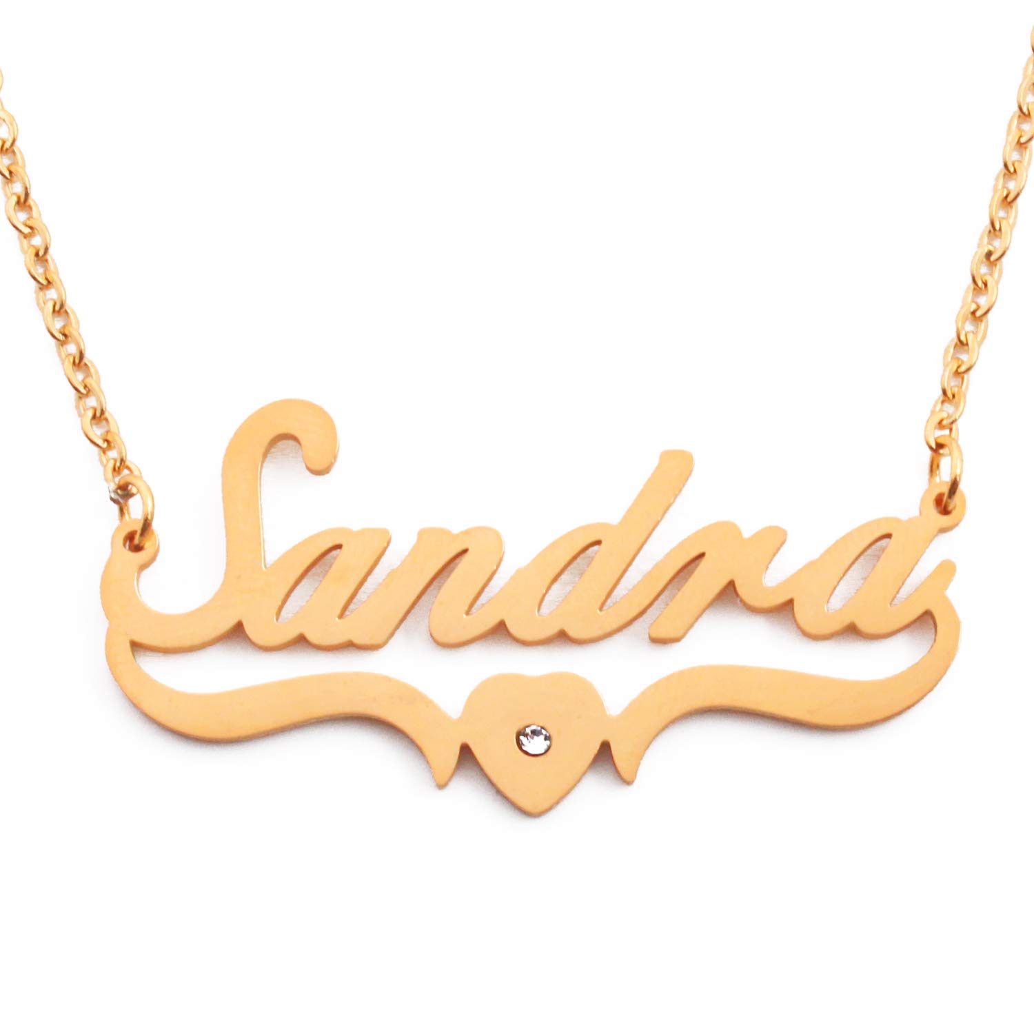 Kigu Sandra Name Necklace Personalised Heart Shaped Gold Plated, Custom Dainty Name Pendants, Jewellery for Ladies, Girlfriend, Mother, Sister, Friends Inc Bag & Box