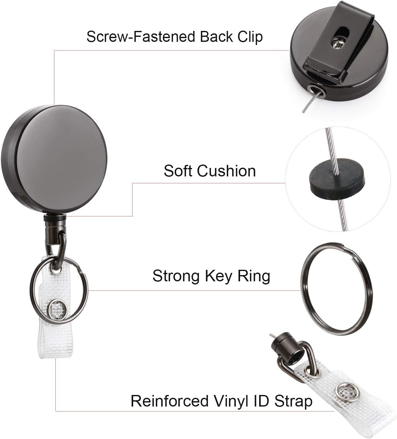 2 Pack Heavy Duty Retractable Badge Holder Reel, Will Well Metal ID Badge Holder with Belt Clip Key Ring for Name Card Keychain [All Metal Casing, 27.5" Steel Wire Cord, Reinforced Id Strap] : Office Products