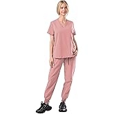 SUNME Scrubs for Women - V-Neck Short Sleeve 5-Pocket Top & 4-Pocket Tie-Waist Jogger Pants, Scrub Sets for Woman Uniform