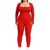 BLEVONH Women's Yoga Jumpsuits Ribbed Workout Rompers Square Neck Long Sleeve Bodysuits Full Length Plus size