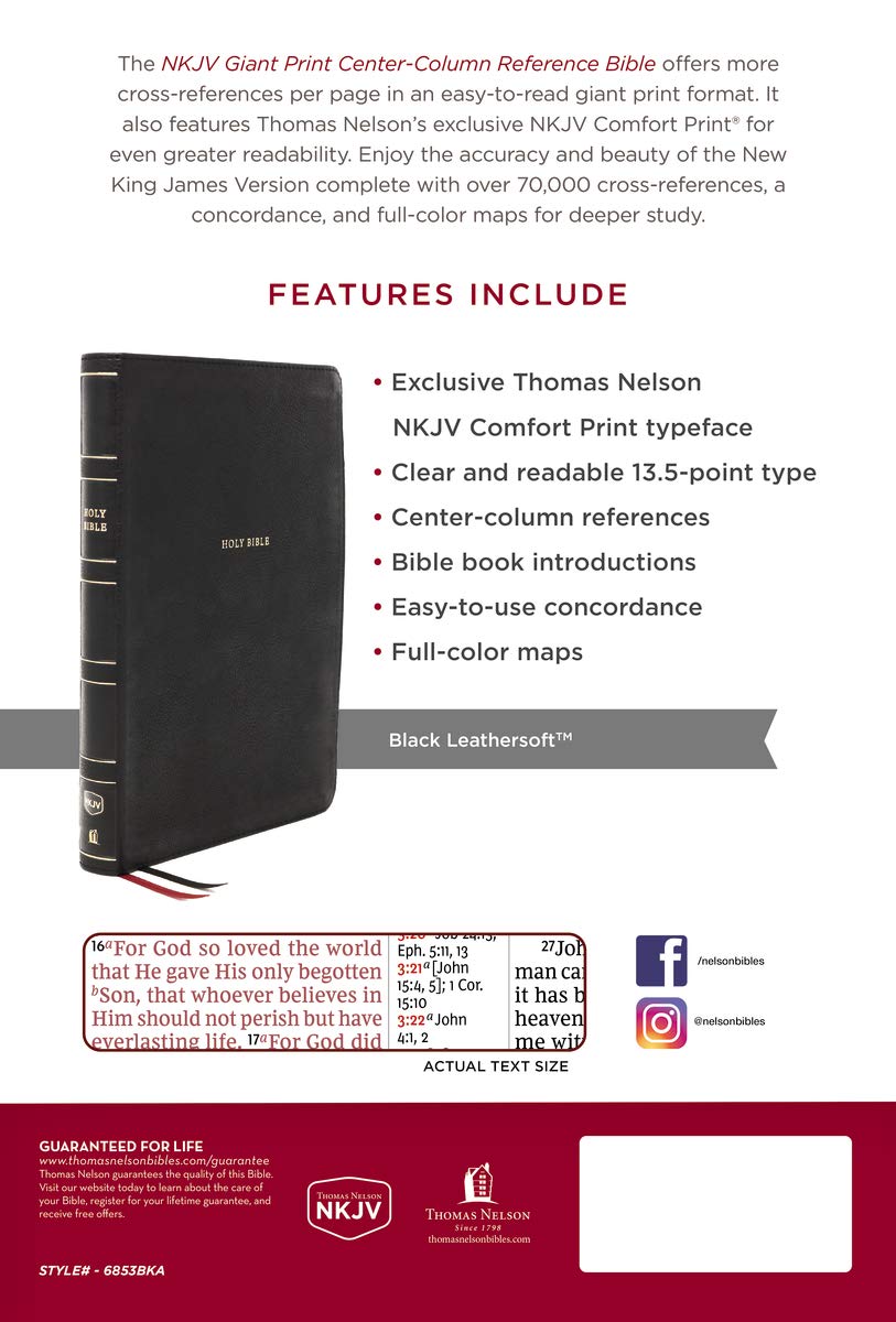NKJV Holy Bible, Giant Print Center-Column Reference Bible, Black Leathersoft, 72,000+ Cross References, Red Letter, Comfort Print: New King James Version