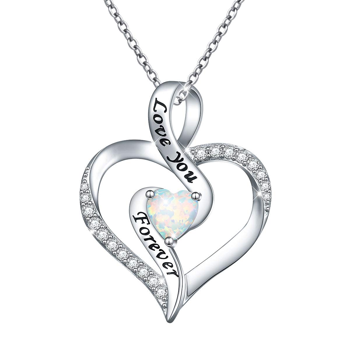 Flyow Lab Opal Heart Necklace For Women Girls 925 Sterling Silver Pendant Engraved Love you Forever Engagement Gifts for Wife Girlfriend
