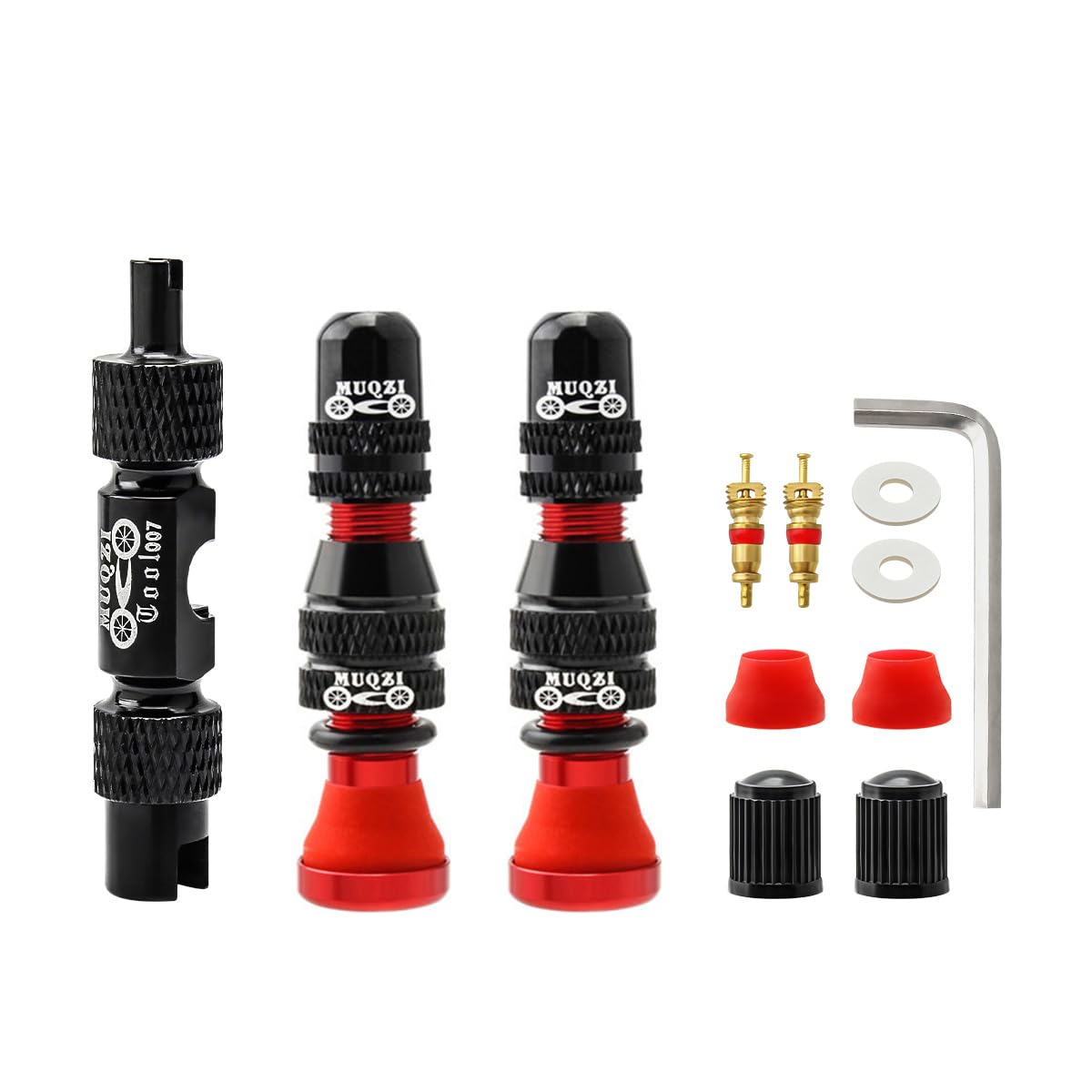 MUQZI Tubeless Schrader Valve Stems Kits - Alloy 40mm Bike No Tubes Valve Schrader Stems Universal for MTB Rim Tubeless Valve with Removal Tool, Red(40mm)