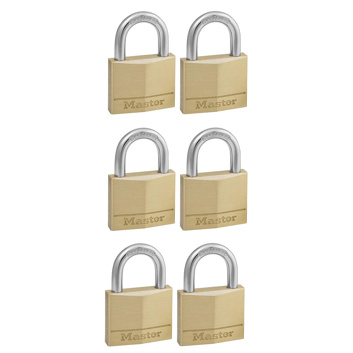 Master Lock 140EURSIX Pack of 6 Key Padlocks with Brass Body, Gold, 6 x 4 x 1.3 cm
