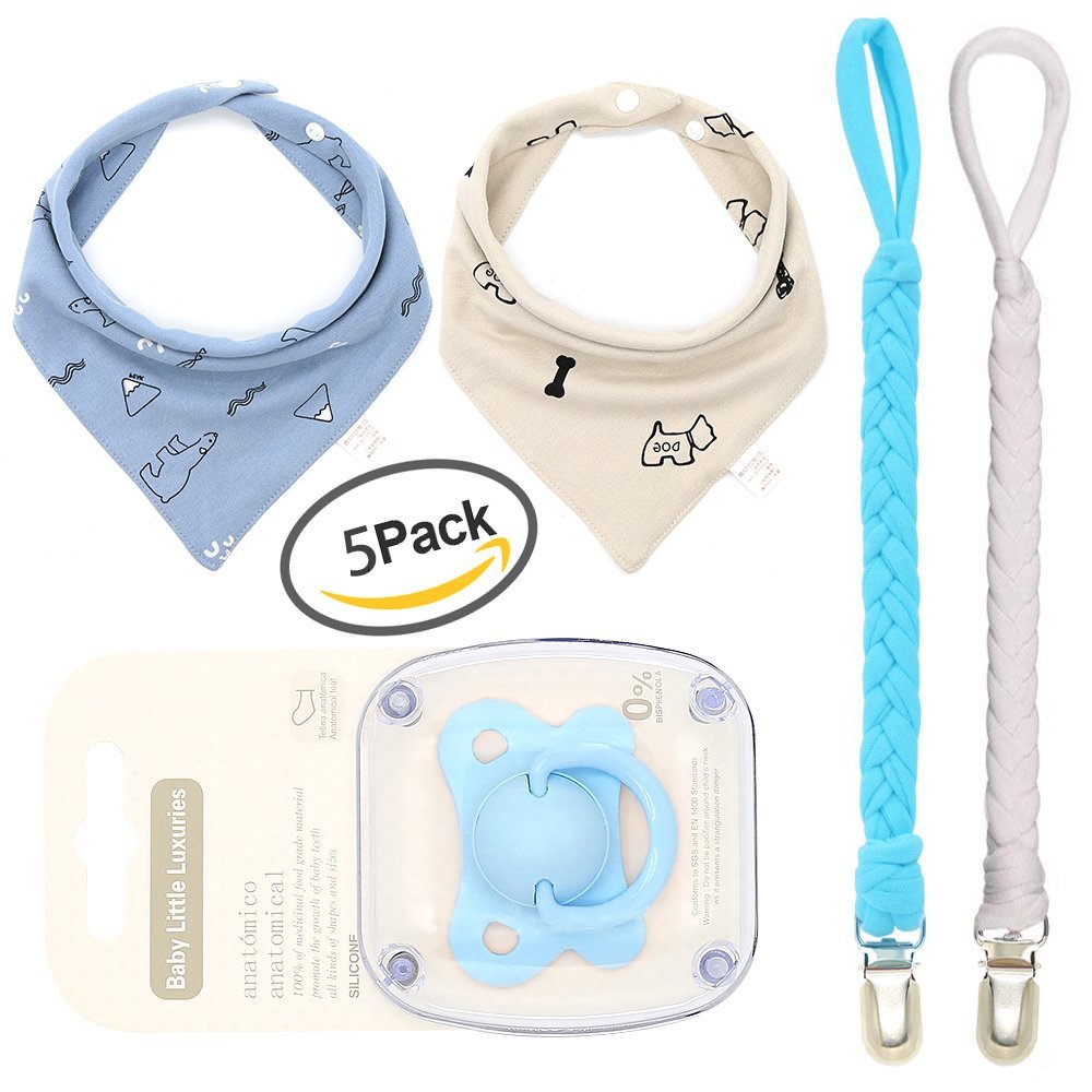 Perfect Baby Bib Set + 2 Pacifier Clips + 1 Pacifier in a Gift Bag, Pack of 2 Premium Quality Bibs for Boys or Girls