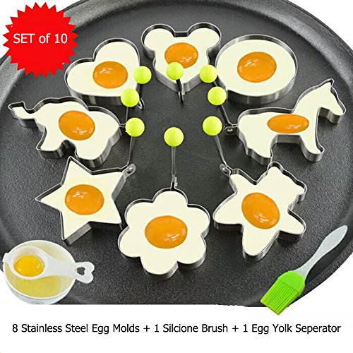 Fried Egg Mold Pancake Ring Set of 10 - BEMINH Stainless Steel Non-Stick Egg Shaper Ring with Silicone Pastry Brush and Egg Yolk Separator, Kitchen Cooking Tools for Kids and Lovers(Include Bear)