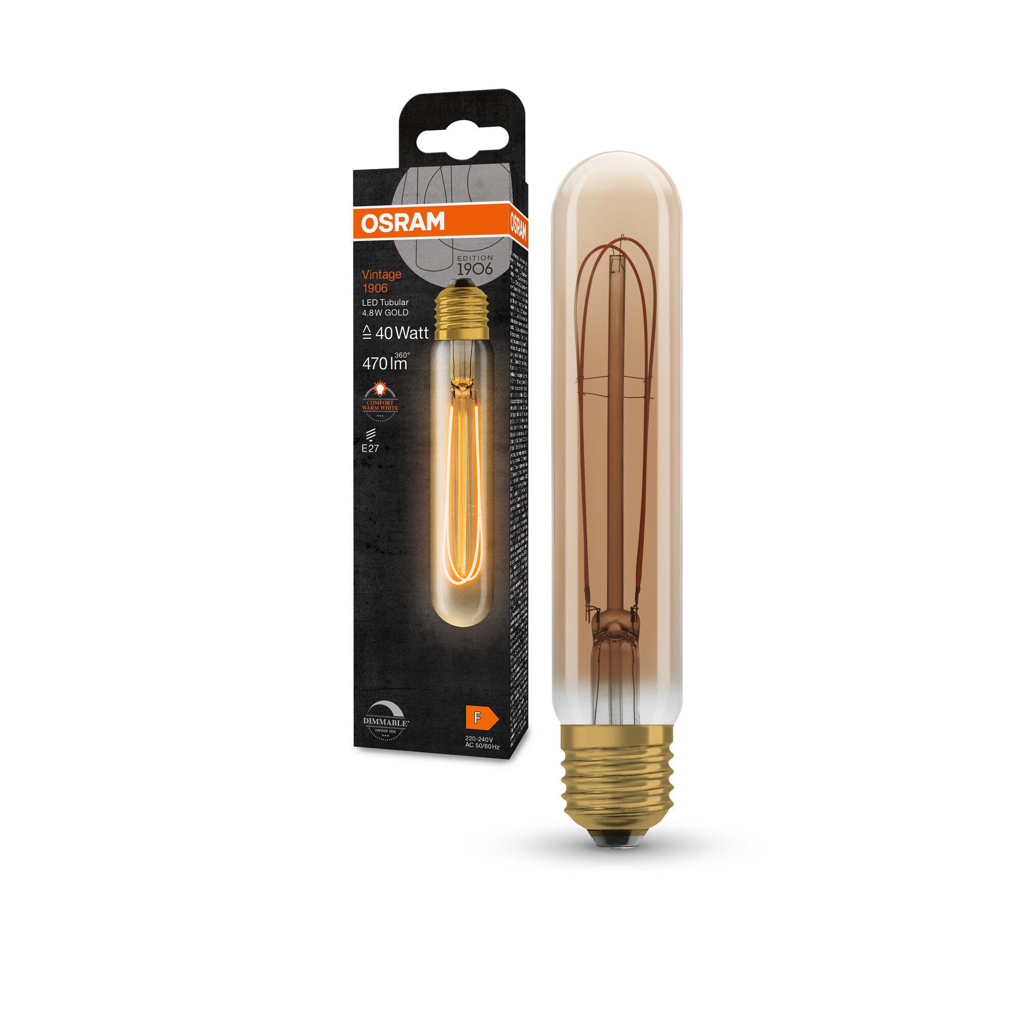OSRAM Vintage 1906 Led Lamp with Gold Tint, 4.8W, 400Lm, Special Tube Shape with 32Mm Diameter and E27 Sockel, Warm White Light Color, Straight Filament, Dimmable, Up to 15,000 Hours of Service Life
