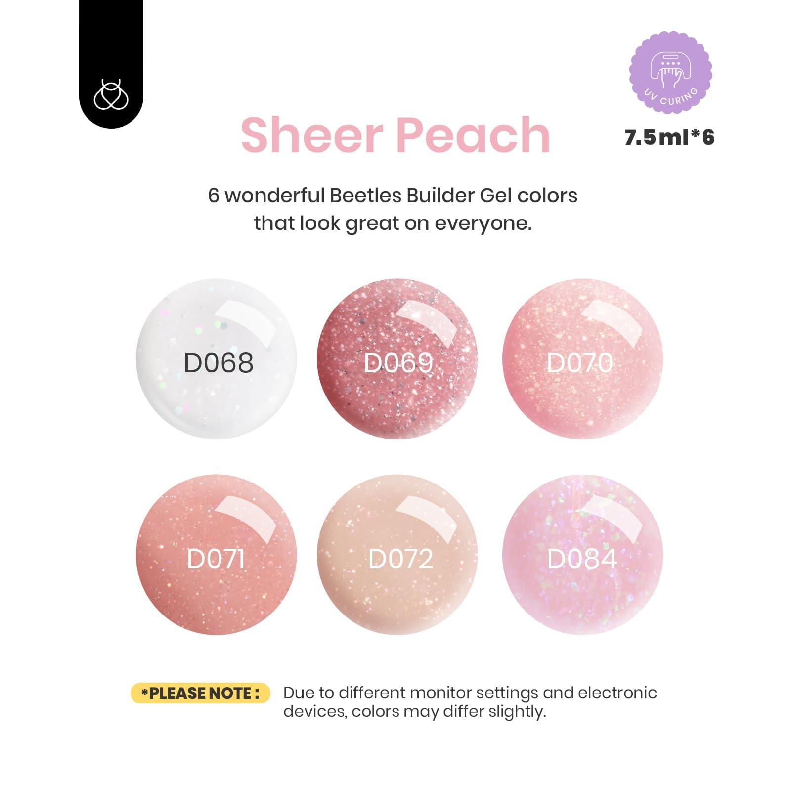 Beetles Builder Gel for Nails, 6 Colors 7 in 1 Nude Pink Glitter Builder Strengthener Gel Set for Nail Apex and Nail Extension Color Nail Art Design Beauty Gift Sets for Women - Image 3