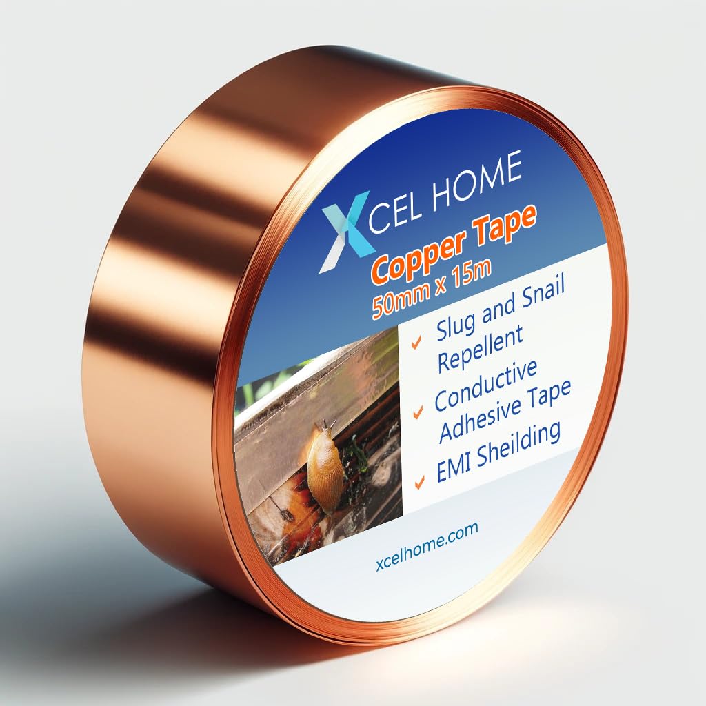 Copper Tape Slug Repellent UK, Copper Foil Snail Tape for Gardens, Plants Protection - Conductive Electrical Tape for Circuits, Repairs, EMI Shielding - DIY Arts and Crafts Stained Glass (50mm x 15m)