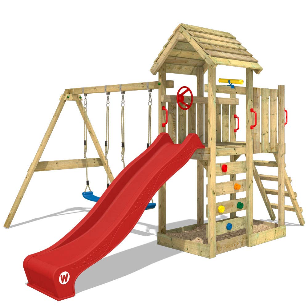 Buy WICKEY Wooden climbing frame MultiFlyer with wooden roof, swing set & red slide, Outdoor