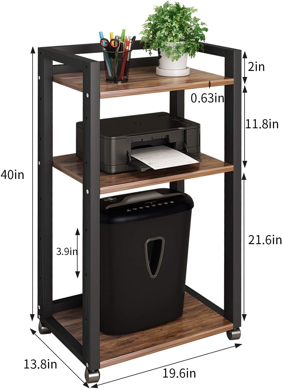 Natwind 3-Tier Movable Floor-Standing Printer Stand Shredder Stand Adjustable Storage Rack with Wheels Computer Host Stand Office Appliances Storage Shelf for Fax Scanner Files Books Stationery(Retro) : Office Products