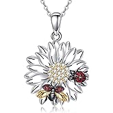 HKPATOP Ladybug Sunflower Necklace S925 Sterling Silver Ladybugs Sunflower Pendant Necklaces Funny Folwer Jewelry Gifts for Women
