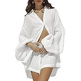 Fixmatti Women 2 Piece Outfits Summer Shorts Sets Lantern Sleeve Button Down Shirt and Shorts Sweatsuit