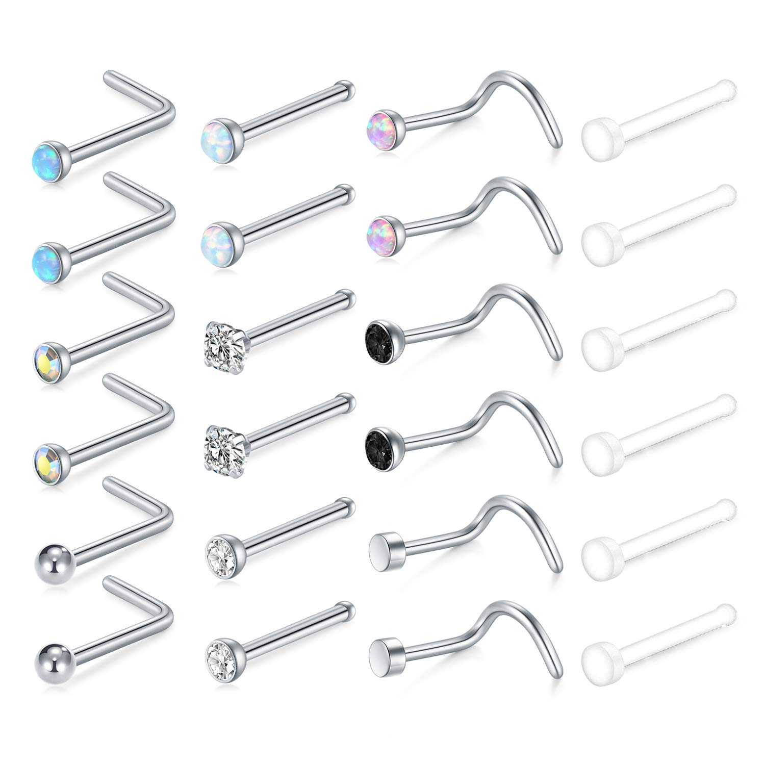 AceFun 20G Nose Rings Surgical Stainless Steel Nose Studs Colorful CZ Opal Nose Piercing Nose Screw for Women Girls Nose Retainer
