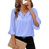 EVALESS Womens Tops Dressy Casual Tie Front Ruffle V Neck 3/4 Sleeve Business Blouses Office Shirts