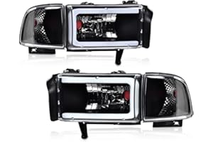PIT66 LED Light Strip Headlight Assembly Compatible with Dodge Ram 1500 1994-2001/ fit Ram 2500 3500 1994-2002 (Not Fit Sport & Ram Van Model) Headlamps Clear Lens