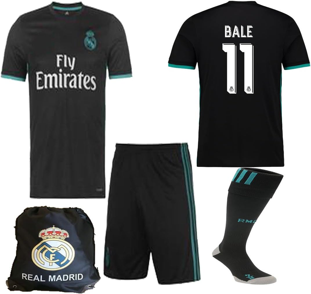 Real Madrid NB Ronaldo Bale Benzema Ramos 2017 2018 17 18 Kid Youth REPLICA Away Jersey Kit : Shirt, Short, Socks, Bag