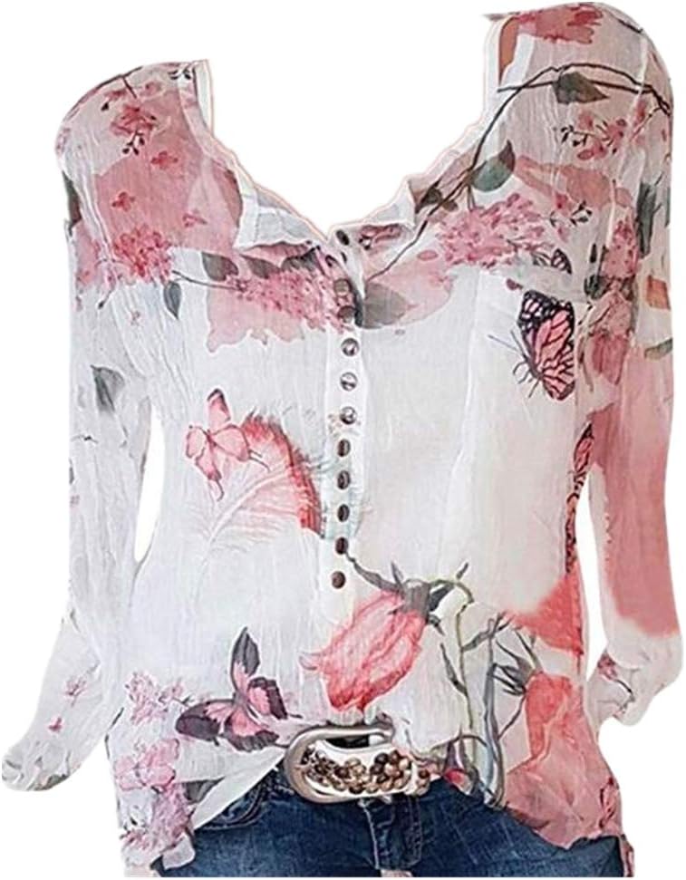 Wtouhe Women's Printing Pocket Short Sleeve Blouse Open-Neckline