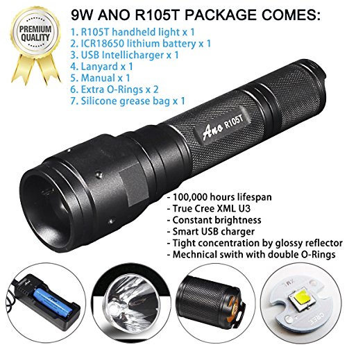 R105T Diving Flashlight With Push Power Switch, Underwater Dive Light Mounting with Neoprene Hand Glove, 650ft/200M Waterproof, TRUE 850 Lumens, Brighter Comparing With Most 1000 Lumens Flashlights