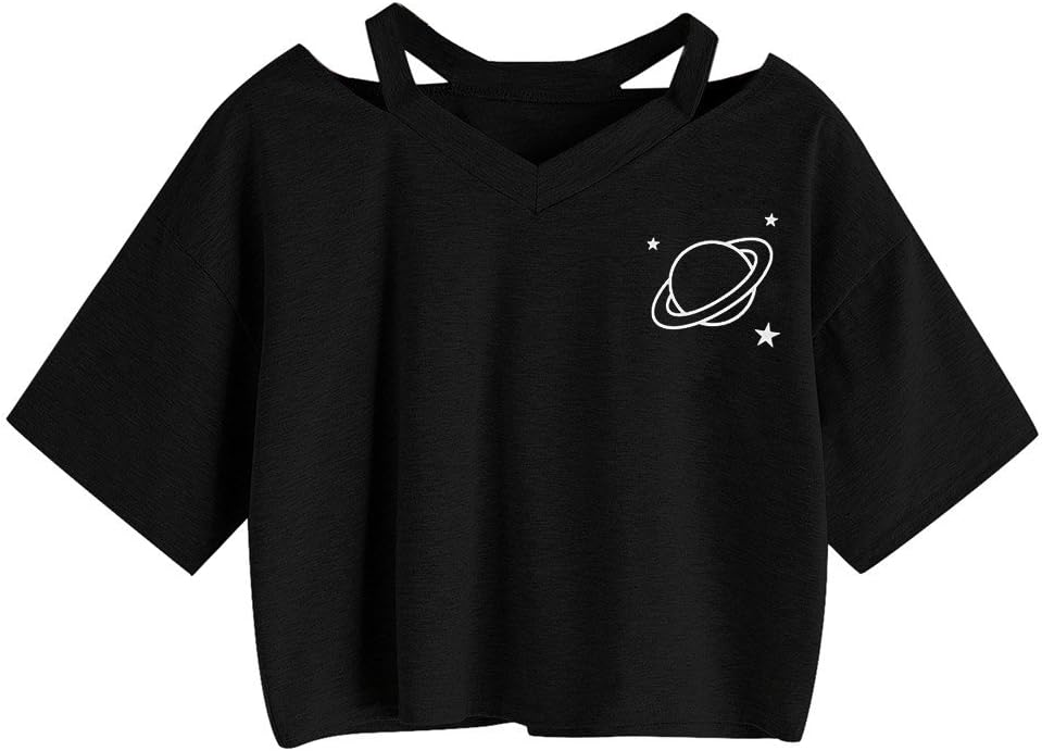 ZhixiaYS Women Teen Girls Cute Planet Print Summer Cut Out Shoulder Short Sleeve Crop Tops Tee Shirts