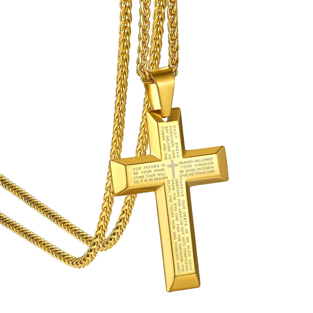GOLDCHIC JEWELRY Gold Lord's Prayer Necklace with English Cross, Bible Religious Jewellery for Men Women
