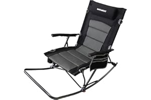 WKFAMOUT Oversized Folding Low Rocking Camping Chair with Footrest Removable Pillow Portable Outdoor Rocker Padded High Back Ergonomic Armrests for Patio Garden Lawn