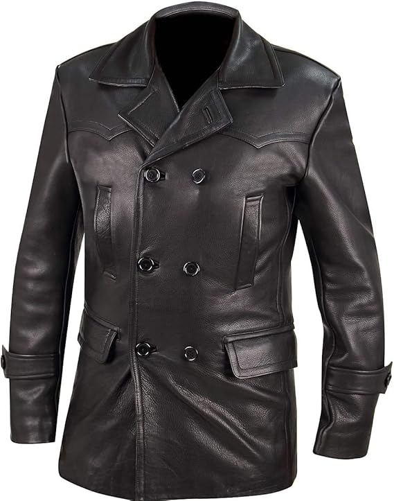 Men German WW2 Leather Black Jacket for Men Black Pea Coats Navy
