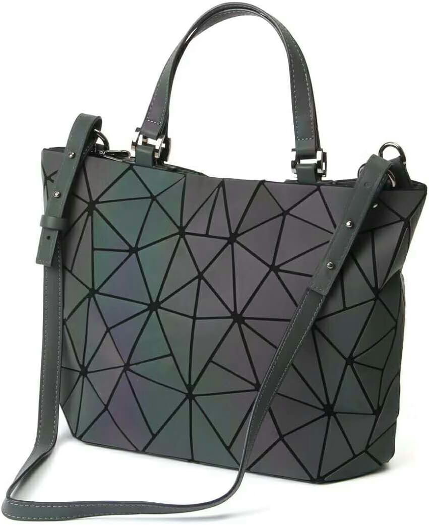 QingmeiWomen Top-Handle Bags Geometric Luminous Bag PU Leather Purses Handbags Shard Lattice Eco-Friendly Holographic Purse Ladies Shoulder Bag