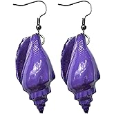 Purple Drop and Dangle Seashell Earrings for Women, Villain Costumes, Sea Witch Costumes and More. Purple Shell Ear Accessories for Halloween, Ursala Cosplay and More.