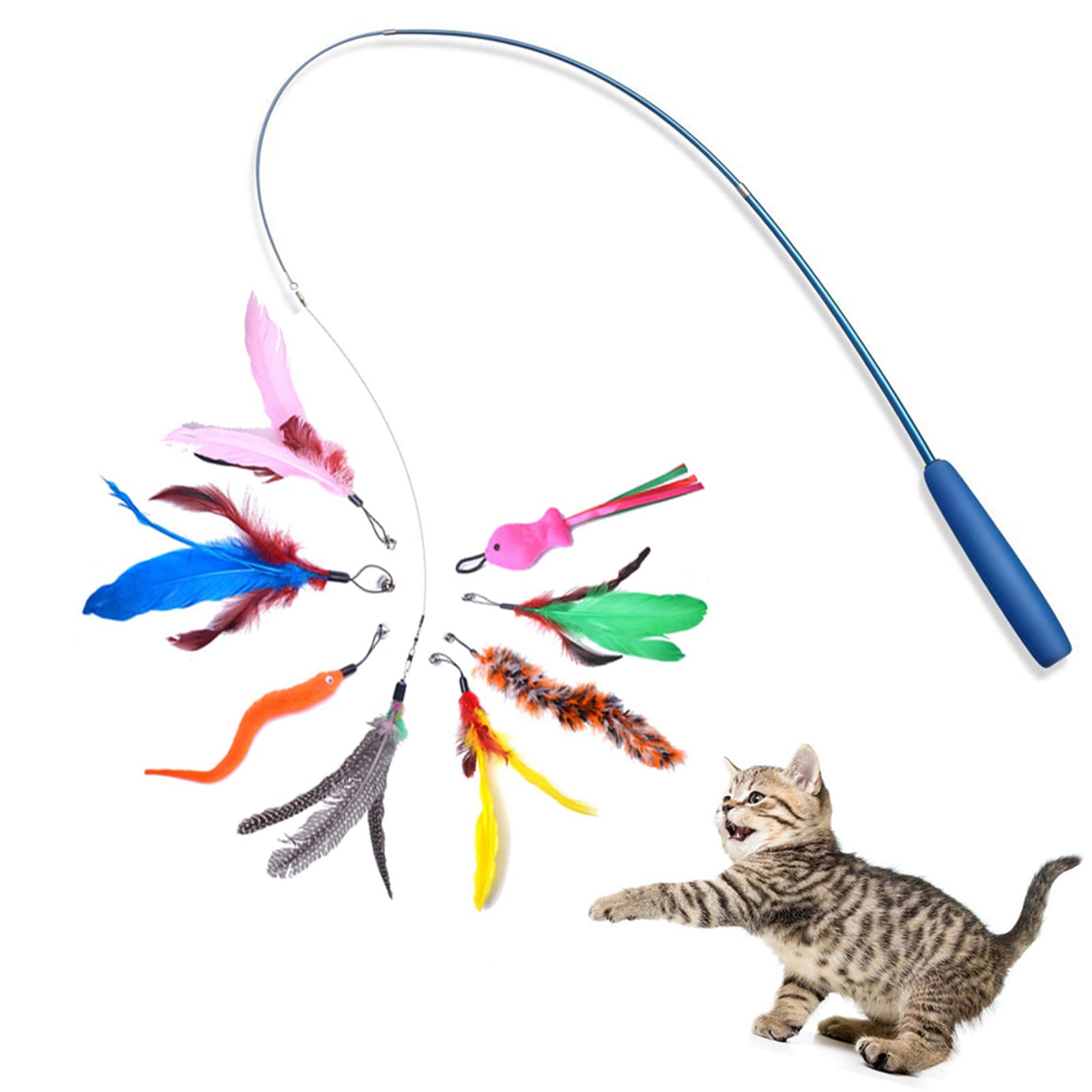 Cat Fishing Rod Toy With Retractable Teaser - Interactive Wand Toys Flirt Pole for Indoor Cats, Adult Kitten Play, Exercise, Activity & Fun - 8 Pcs Replacement Refills