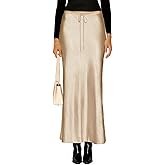 VividHarbor Women's Drawstring Satin Maxi Skirt High Waist Silk A Line Flowy Long Skirts