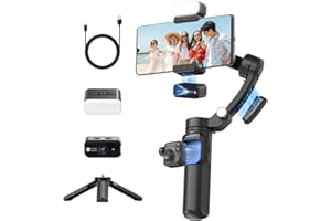 GUEDIEO Smart AI Tracking Gimbal Stabilizer for iPhone with Wireless Microphone 3-Axis Foldable Phone Gimbal for iPhone 16/15 Pro Max, Fill Light,6H Battery,360° Noise-Canceling Mic for Travel Vlogging