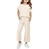 Haloumoning Girls' Clothing Sets Kids Fashion Short Sleeve Crew Neck Tops Wide Leg Pants Sweatsuit with Pocket 5-14Y