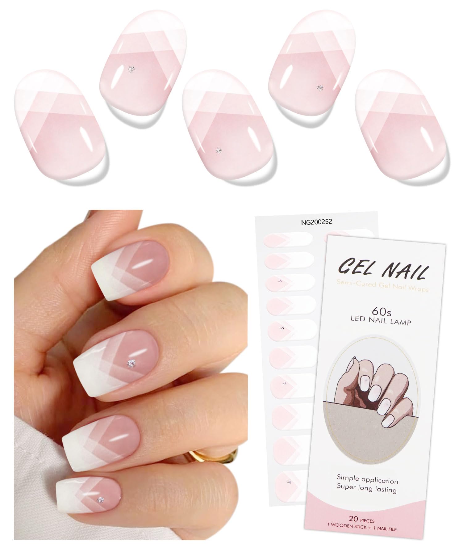 JMEOWIO Gel Nail Stickers Cream Pink French Tip Semi Cured Gel Nail Strips Wraps UV/LED Nails Art Design Decoration Accessories