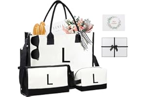 Heracantha Personalized Initial Canvas Beach Bag & Makeup Bag Set, Monogrammed Birthday Gift Tote for Women