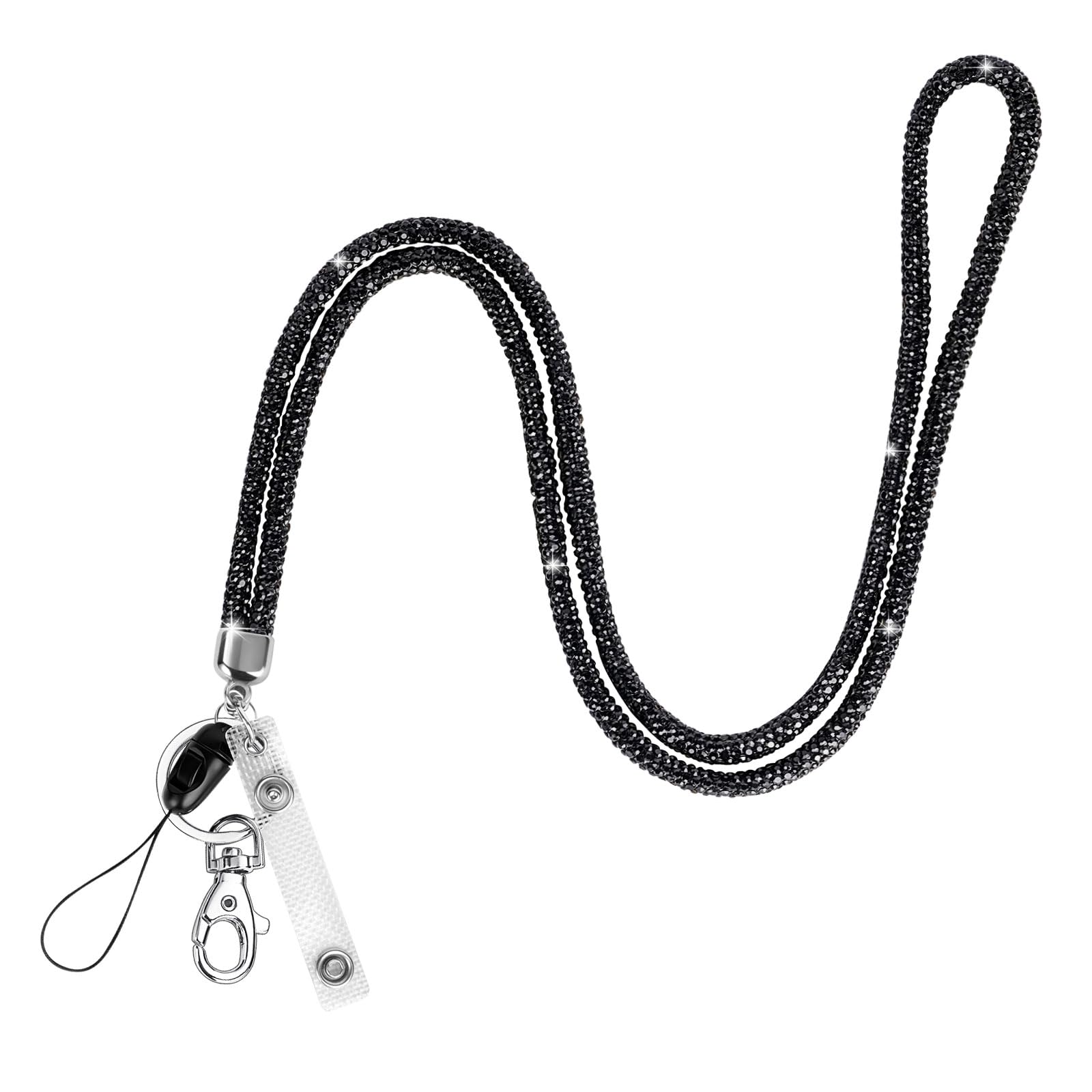 OFFCUP Lanyard Neck Strap, Crystal Lanyard, Badge Lanyards Keyring with Lobster Clasp Detachable Lanyards Bling Retractable ID Badge Holder for ID Badge Holder Keys Phone (Black)