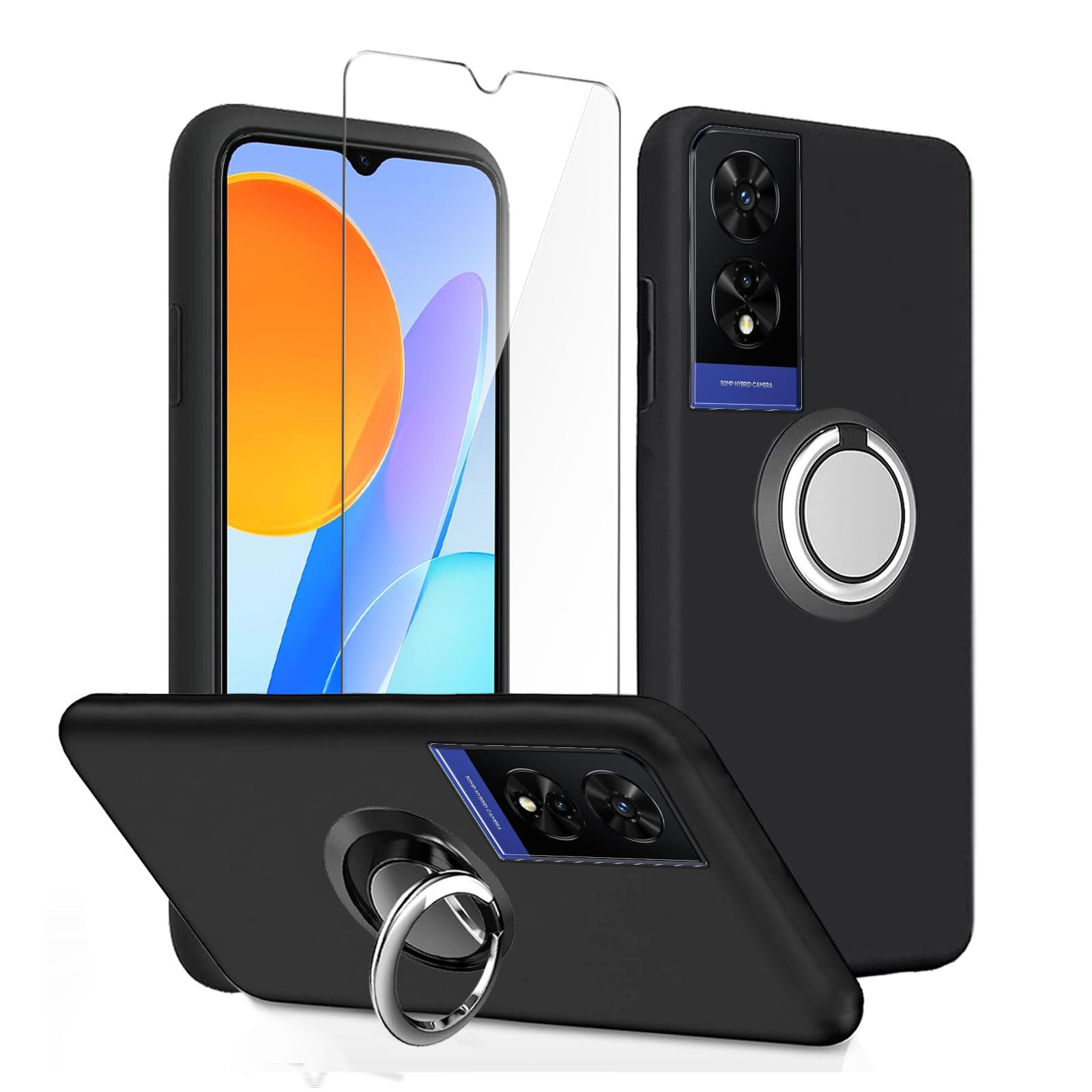 LYZXMY Case Compatible with TCL 505 (6.75") Black Cover + Rotating Bracket + Tempered Film Glass Screen Protector - Silicone Soft TPU Cover Shell โ image 1
