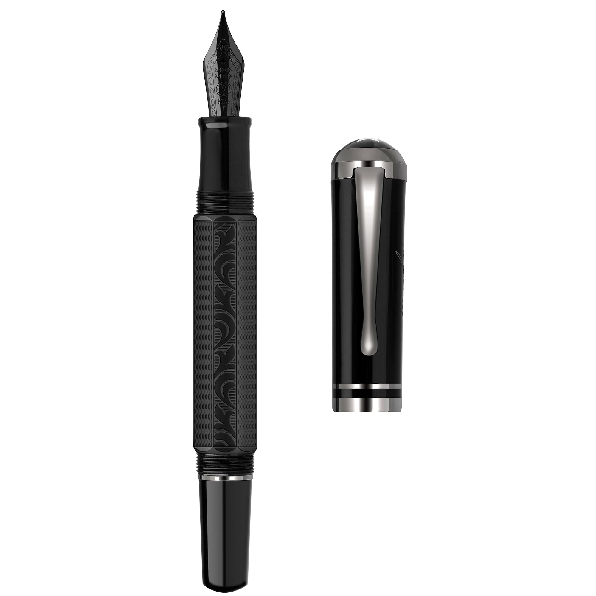erofa Majohn P138 Piston Fountain Pen Extra Fine Nib, Black Octahedral Etching Pattern Writing Pen with Box Set (Round Pen Cap Version)
